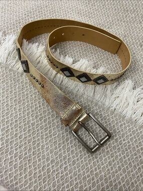 Another Line Inc. Italian Leather Metallic Gold Belt with Stud & Diamond Accents